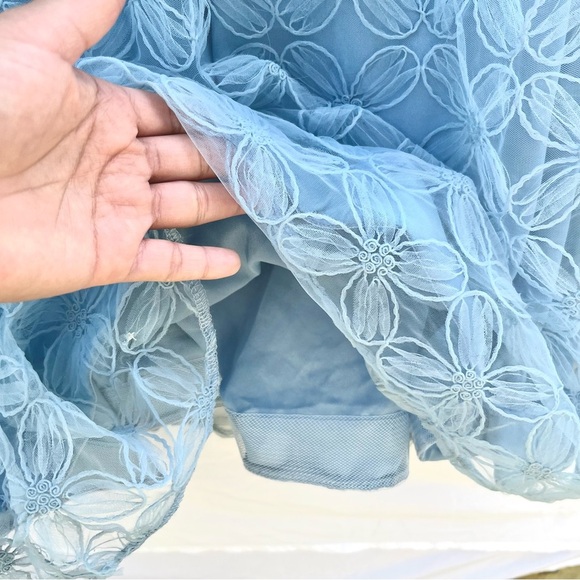 LULUS | NWT XL EXCEEDINGLY ELEGANT BLUE FLORAL APPLIQUÉ BUSTIER MIDI DRESS - Picture 8 of 11